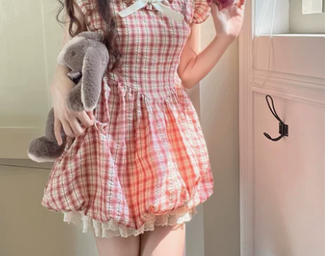 全新吊牌未拆doll原创【樱花粉桃】格子花...