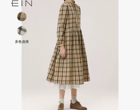 EIN文艺复古蕾丝立领系带格纹女秋冬宽松连...