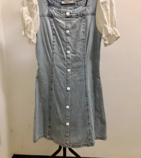 Inshop浅蓝色泡泡袖牛仔裙 可爱休闲淑...
