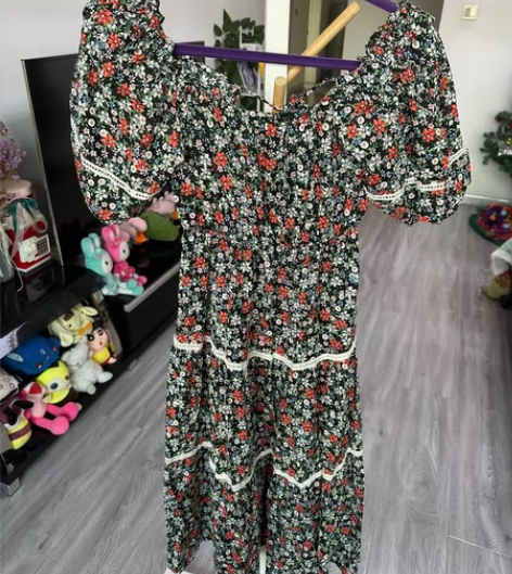 田园风小碎花小清新连衣裙，后背系带，高腰显...