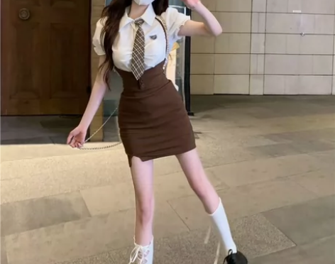 炸街学院风套装女装泡泡袖衬衫夏季吊带连衣裙...