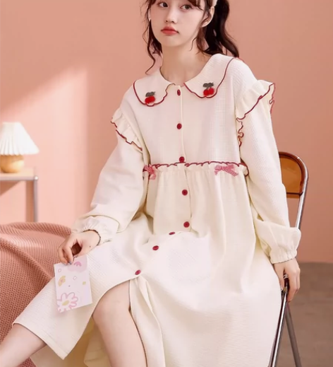 黛梦思睡裙女春秋纯棉长袖休闲甜美可爱家居服...