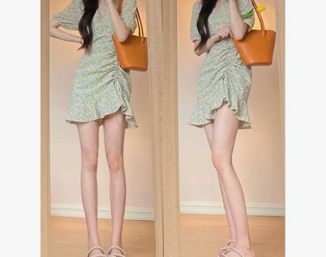 法式初恋甜美少女感气质小裙子短款碎花收腰清...