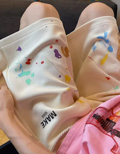 泼墨彩色短裤夏季薄款潮牌多巴胺穿搭情侣