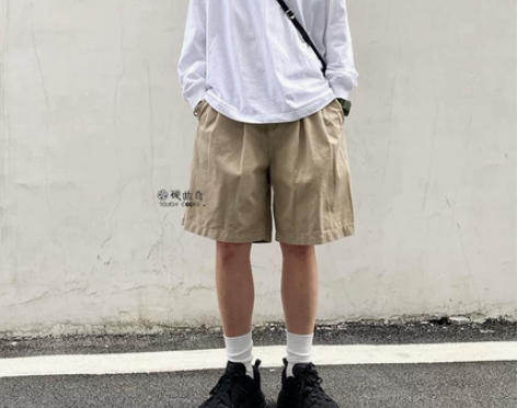 复古日系立体双褶英式工装短裤 宽松廓形百搭...