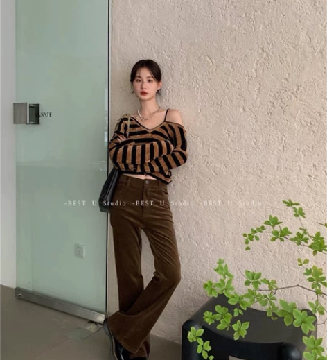 复古高腰灯芯绒微喇叭裤女2022年韩版早秋...