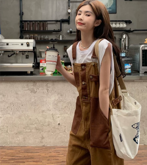 港味复古两面穿背带裤女拼色宽松显瘦阔腿美式...