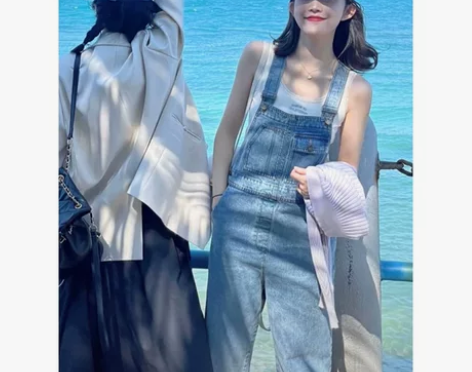 高端设计感牛仔背带裤女夏季薄款宽松直筒显