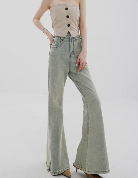 喇叭牛仔裤复古水洗微喇马蹄裤薄款高腰裤子