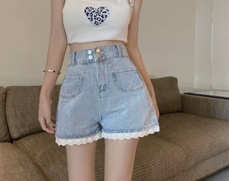 出天使蕾丝牛仔短裤高腰少女蕾丝花边牛仔裤女...