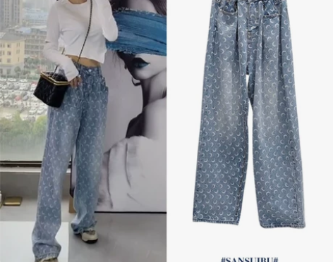 复古高腰宽松直筒牛仔裤女满印月牙拖地长裤百...