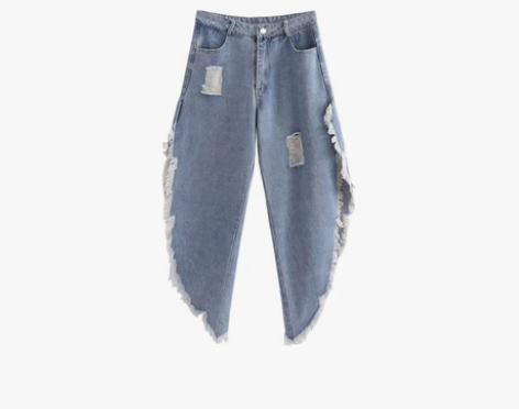欧美时尚高腰不规则牛仔裤女复古怀旧毛边大开...