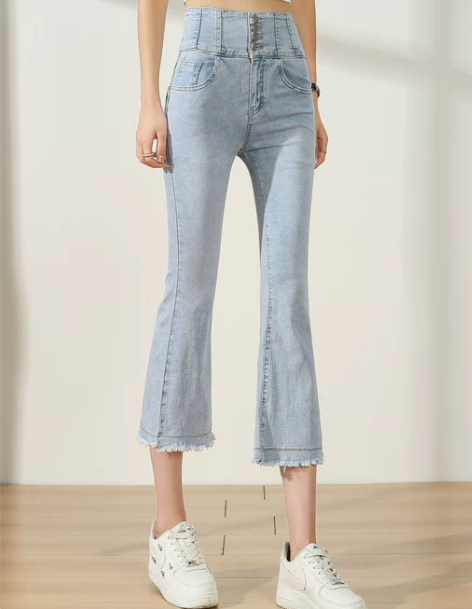 排扣高腰微喇牛仔裤女七分小个子八分喇叭裤