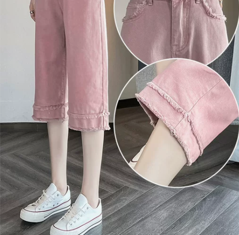粉色牛仔裤女2023夏季薄款直筒阔腿高腰显...