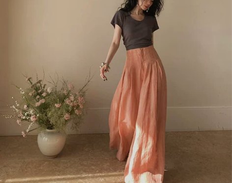 棉麻裤子女宽松休闲亚麻高腰垂感阔腿裤裙裤