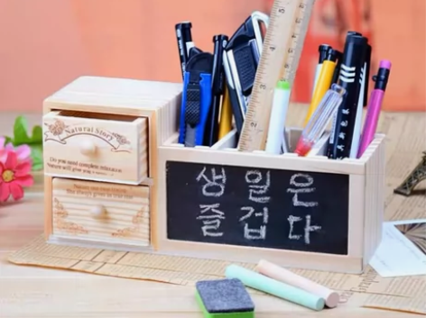 木质两层抽屉黑板笔筒笔插多功能创意韩国收纳...