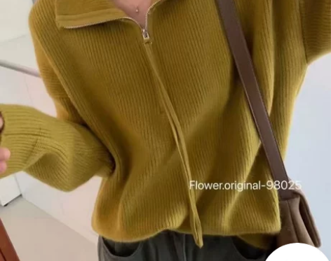 高领半开拉链飘带设计款小众纯色简约针织套头...