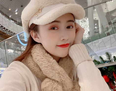 羊羔毛八角帽子女秋冬季百搭贝雷帽加厚保暖蓓...