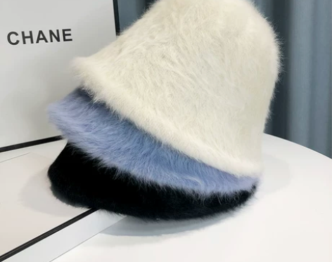 白色,小众气质兔毛渔夫帽子女秋冬毛绒水桶帽...