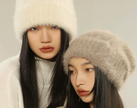 显脸小兔毛毛线帽女秋冬白色大头围针织帽子巨...