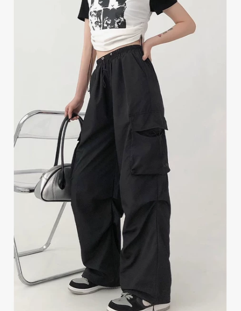 胖mm大码美式复古抽绳工装裤女夏季直筒休闲...