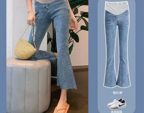 孕妇裤子春秋款外穿牛仔裤春季时尚直筒喇叭裤...
