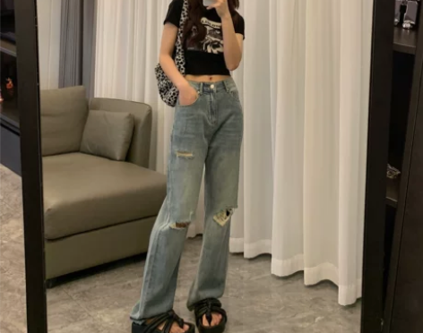 mermeryang破洞牛仔裤女阔腿裤夏季...