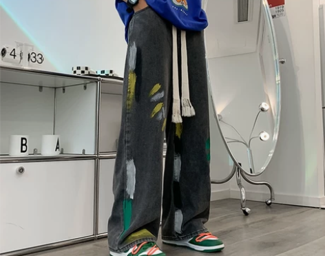 涂鸦泼墨牛仔裤男潮牌美式嘻哈长裤春秋季复