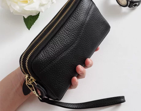 真皮手拿包女夏妈妈款牛皮双拉链手机小包零钱...