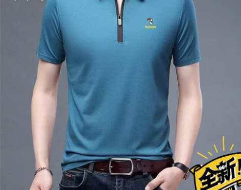 正品男士短袖t恤夏季半拉链翻领纯色半袖中青...