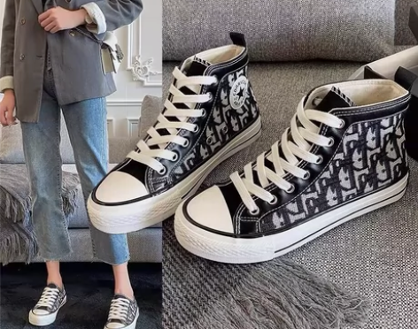 春小香风内增高帮帆布鞋女印花休闲潮牌板鞋子...