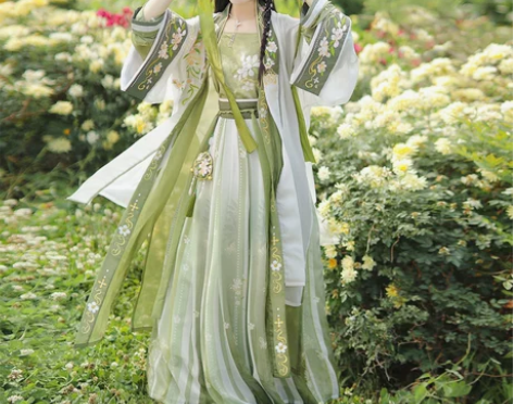 宋制汉服女春夏中国风齐腰百迭裙绿色仙气飘逸...