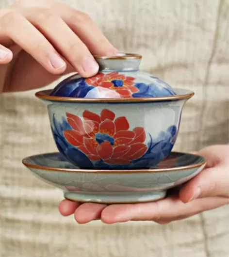 老陶泥三才盖碗陶瓷景德镇手绘家用复古青花瓷...