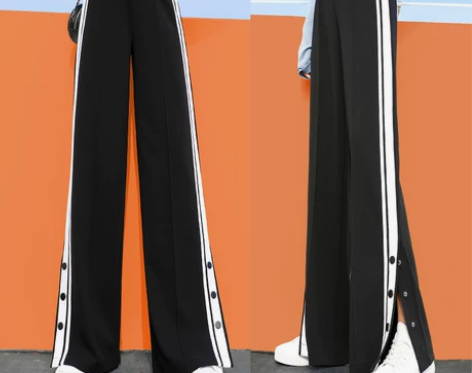 侧开叉条纹运动阔腿裤女秋小个子高腰垂感直筒...