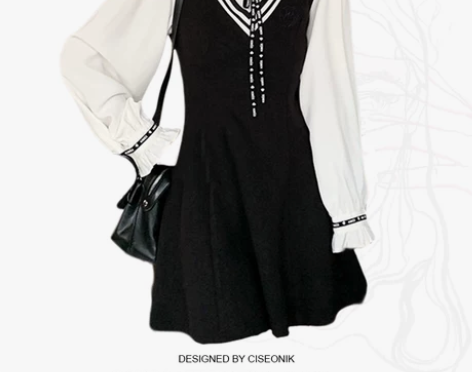 (大码胖妹妹学院风刺绣假两件衬衫撞色显瘦连...