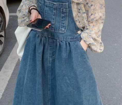 减龄宽松牛仔背带裙女大码胖mm夏季盐系蓬蓬...