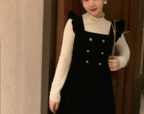 法式复古灯芯绒背带连衣裙女2021秋冬小个...