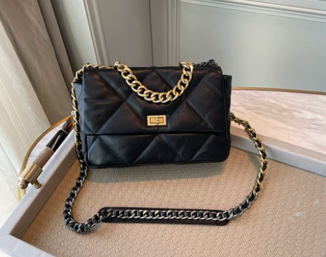 绵羊皮菱格链条包复古锁扣真皮休闲女包时尚单...