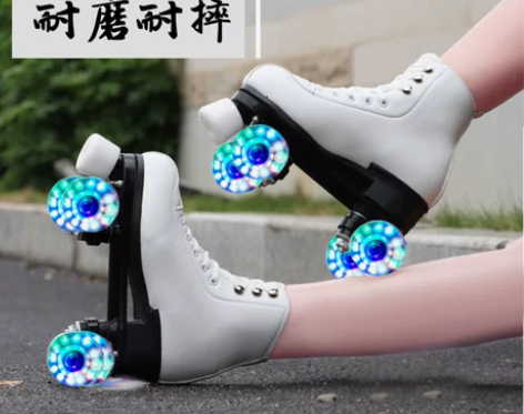 双排成人真皮双排溜冰鞋 轮滑鞋男女四轮闪光...