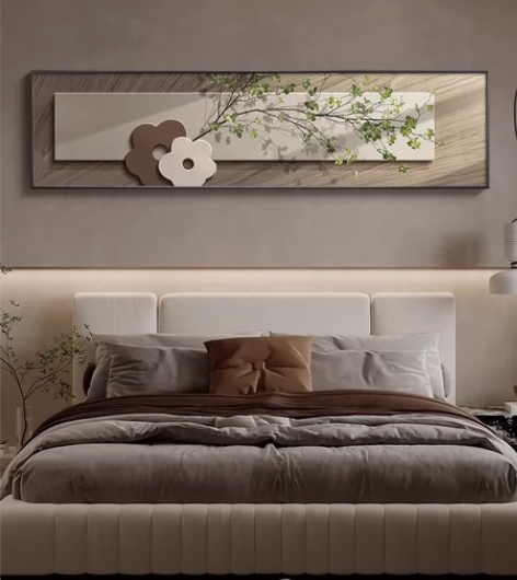 侘寂风卧室装饰画高级感绿植主卧床头背景墙挂...