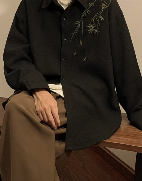 新中式刺绣衬衫男长袖秋季宽松大码翻领外套国...