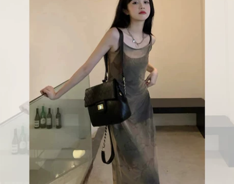 水墨画新中式吊带连衣裙质感高级女夏小众设计...