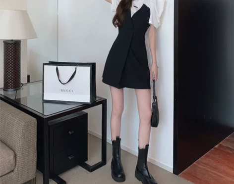 甜酷风港风复古chic泡泡袖假两件a字连衣...