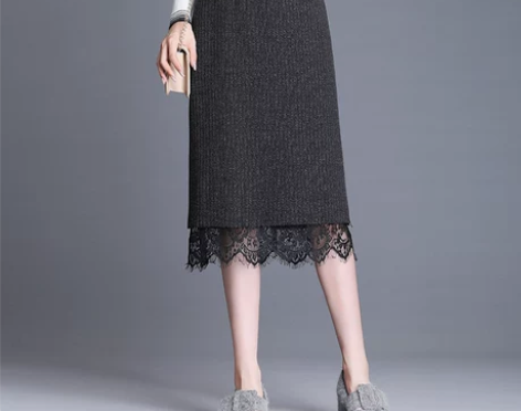 针织半身裙女秋2019新款显瘦包臀裙蕾丝花...